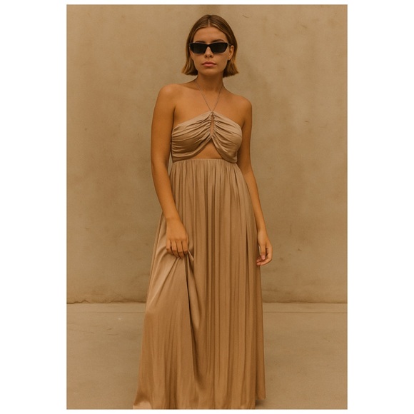 ZARA Gold Satin Cutout Maxi Dress XS | Wrinkle Effect Formal Evening Gown NWT - Picture 2 of 8